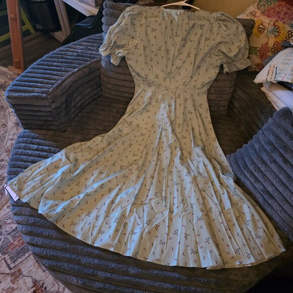 Retro Stage Dresses & Skirts - 1940's V Neck Green Lantern Sleeves Floral (L)
